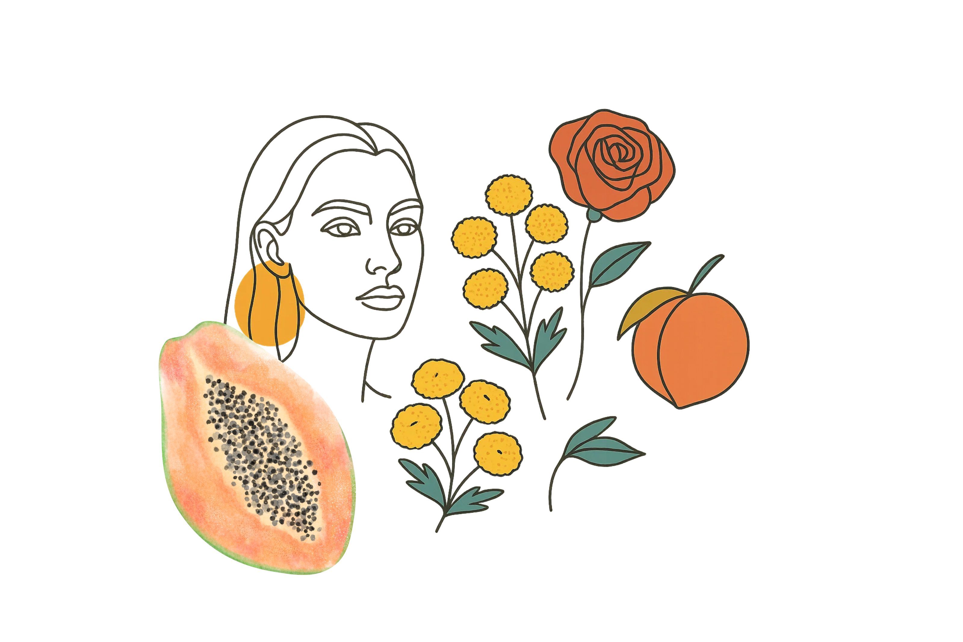 Illustration of a woman's face with fruits and flowers on a white background