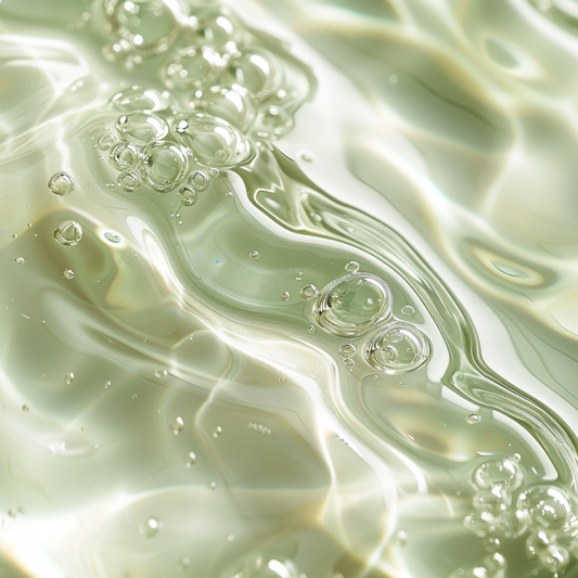 Close-up of a liquid surface with ripples and bubbles, reflecting light.
