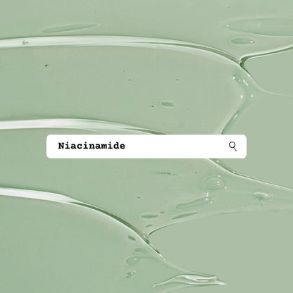 Close-up of a green liquid texture with 'Niacinamide' text overlay.