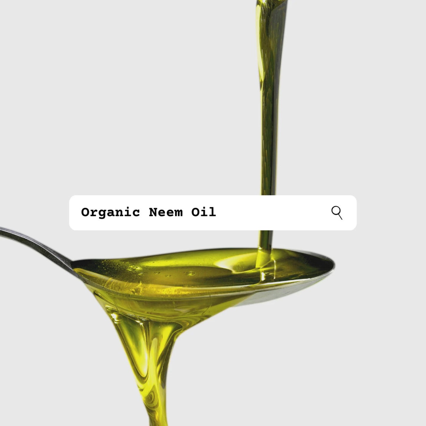 Spoon pouring organic neem oil with 'Organic Neem Oil' text on a white background