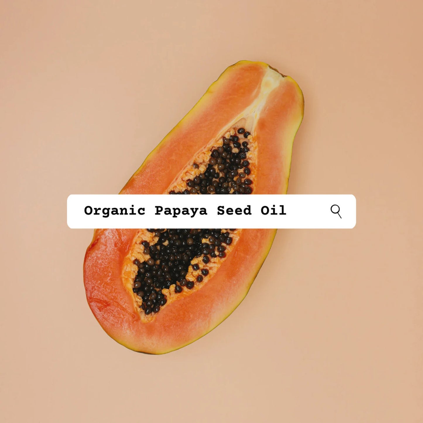 Sliced papaya with seeds on a beige background, featuring text 'Organic Papaya Seed Oil'.