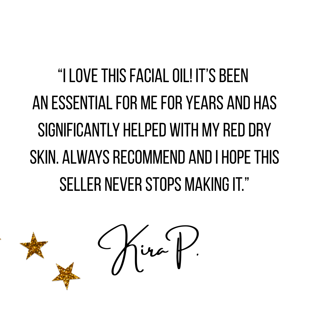 A square white graphic with a customer review quote in black text about a facial oil, two gold glitter stars on the lower left, and a black cursive signature reading Kira P. at the bottom right.