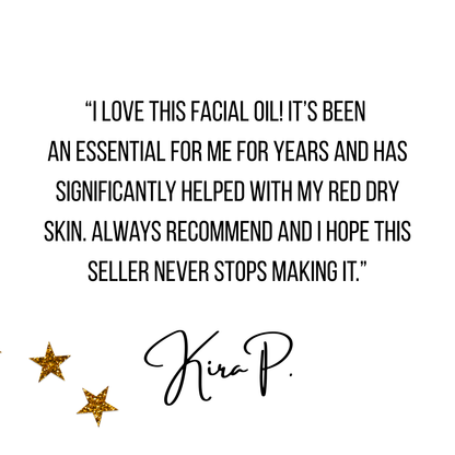 A square white graphic with a customer review quote in black text about a facial oil, two gold glitter stars on the lower left, and a black cursive signature reading Kira P. at the bottom right.